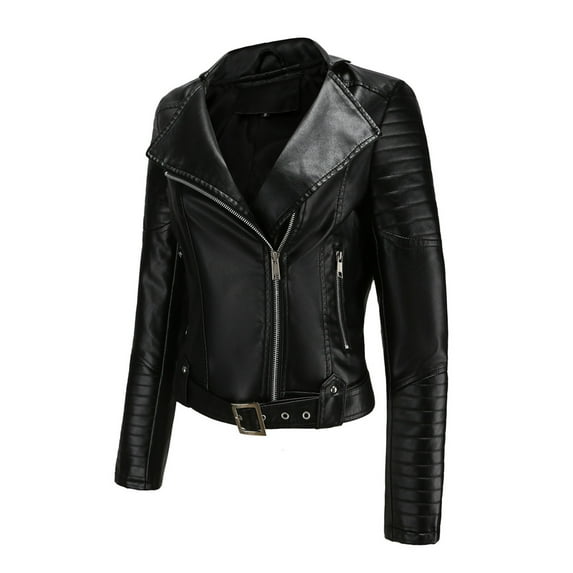 IROINNID Women's Short Faux Leather Jacket Notch Lapel Solid Color Long Sleeve Loose Warm Jacket Slim Winter Hoodless Coats, Black
