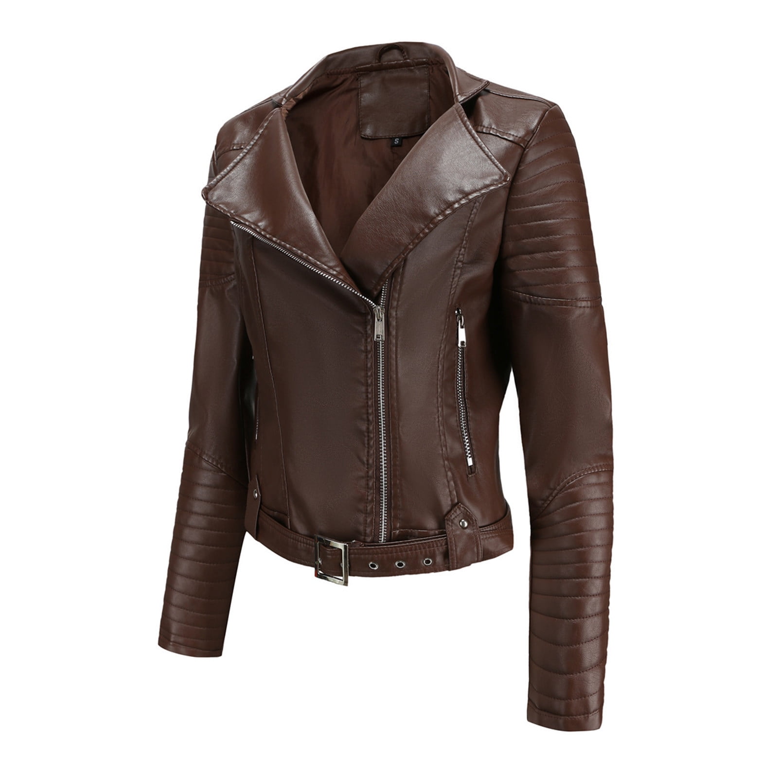 IROINNID Women's Short Faux Leather Jacket Notch Lapel Solid Color Long Sleeve Loose Warm Jacket Slim Winter Hoodless Coats, Coffee