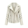 thumbnail image 1 of IROINNID Women's Short Faux Leather Jacket Notch Lapel Solid Color Long Sleeve Slim Stand Zip Motorcycle Suit Jacket, Beige, 1 of 7