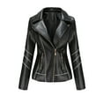 thumbnail image 1 of IROINNID Women's Short Faux Leather Jacket Notch Lapel Solid Color Long Sleeve Slim Stand Zip Motorcycle Suit Jacket, Black, 1 of 8