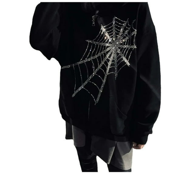 IROINNID Women's Short Hoodie Overcoat Round Neckline Print Long Sleeve Autumn Gothic Dark Loose Casual Tops Coat, Black