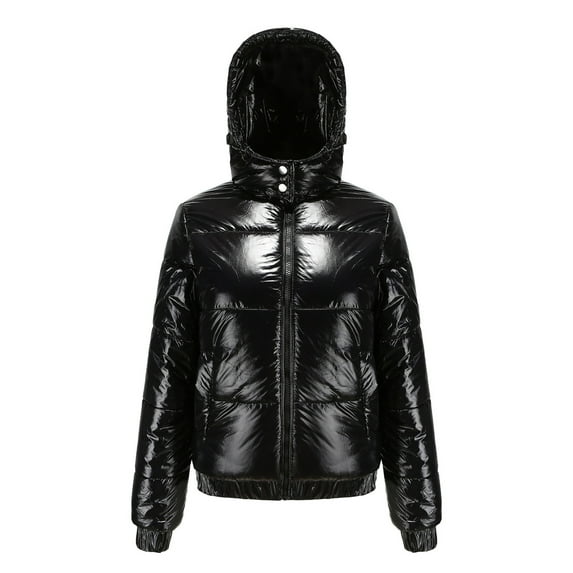 IROINNID Women's Short Hoodie Puffer Coat Solid Color Long Sleeve Warm Jacket Slim Winter Coats, Black
