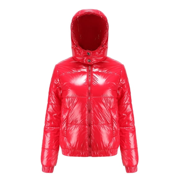 IROINNID Women's Short Hoodie Puffer Coat Solid Color Long Sleeve Warm Jacket Slim Winter Coats, Red
