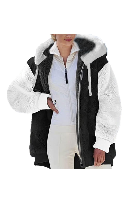 Women's Short Hoodie Shearing Coat Contrast Color Long Sleeve Warm Outerwear Winter Zipper Jacket, White