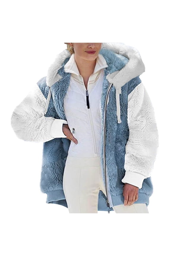 Women's Short Hoodie Shearling Coat Contrast Color Long Sleeve Leisure Zipper Pullover Tops Sweatshirt, Blue