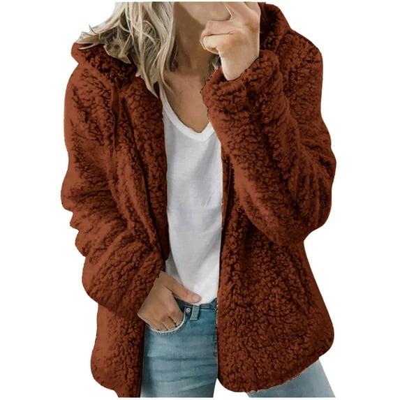 IROINNID Women's Short Hoodie Shearling Jacket Solid Color Long Sleeve Comfy Warm Coat Jacket Winter Zipper Outerwear, Brown