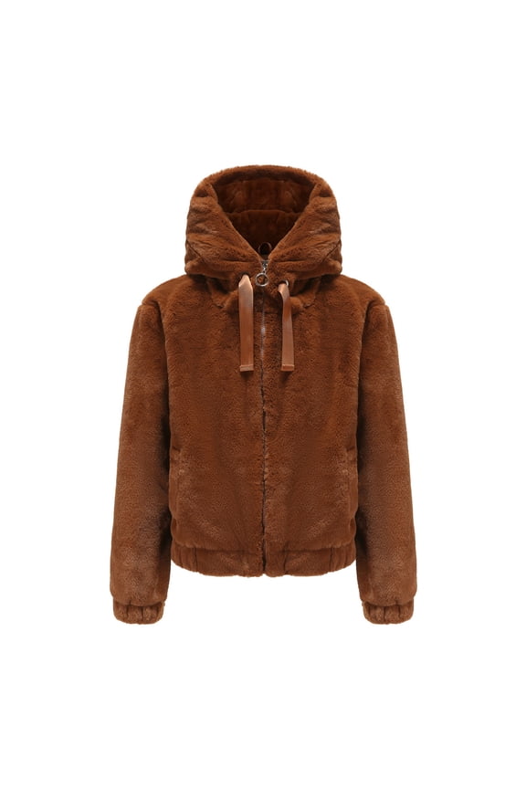 Women's Short Hoodie Shearling Jacket Solid Color Long Sleeve Comfy Zipper Pullover Tops Sweatshirt, Brown