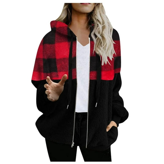 IROINNID Women's Short Hoodie Woolen Jacket Plaid Long Sleeve Comfy Zipper Pullover Tops Sweatshirt, Red