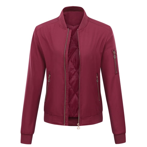 IROINNID Women's Short Jacket Stand Collar Solid Color Long Sleeve Jacket Zipper Pocket Tops Outerwear, Red