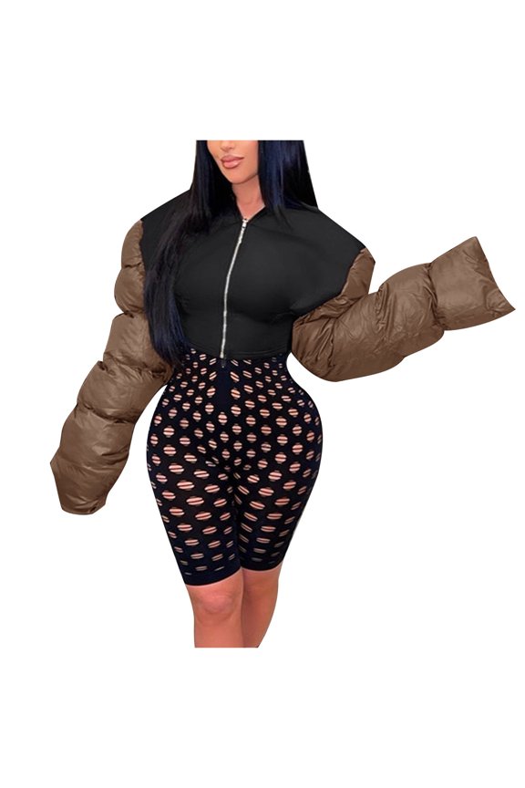 Women's Short Puffer Coat Solid Color Long Sleeve Jacket Down Padded Jacket Zipper Slim Fit Warm Patchwork Jacket, Brown