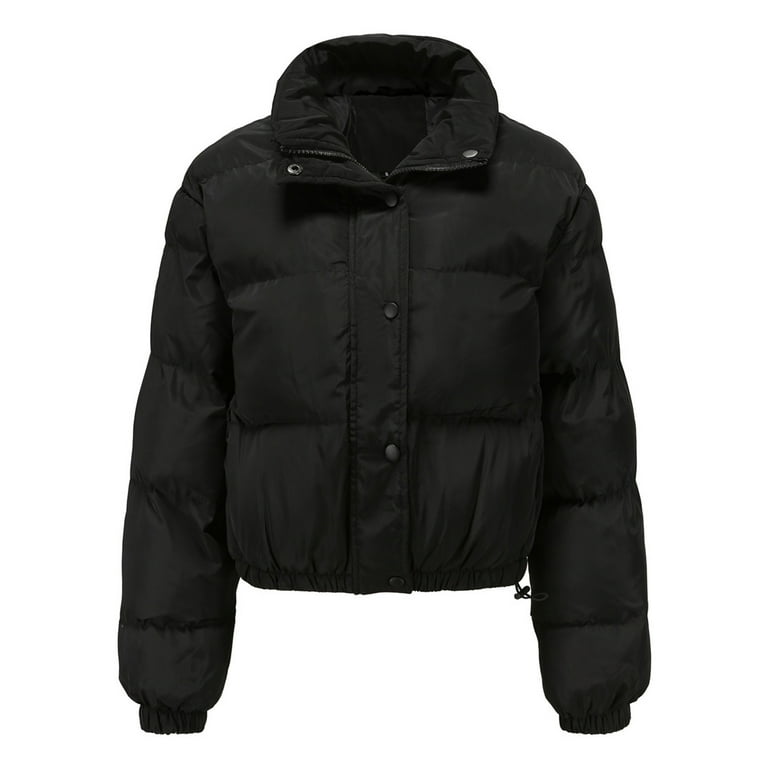 Black hoodless puffer jacket on sale