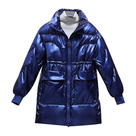 IROINNID Women's Short Puffer Coat Stand Collar Solid Color Long Sleeve Outerwear Winter Zipper Coat Long Jackets Pocket Coats, Blue