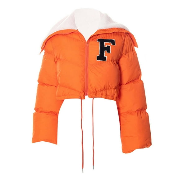 IROINNID Women's Short Puffer Jacket Solid Color Long Sleeve Fleece Jacket Windproof Warm Fleece Patchwork Jacket, Orange