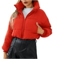 thumbnail image 1 of IROINNID Women's Short Puffer Jacket Solid Color Long Sleeve Ladies Winter Loose Cardigan Stand Top Casual Bread Jacket Cotton Clothes, Red, 1 of 5