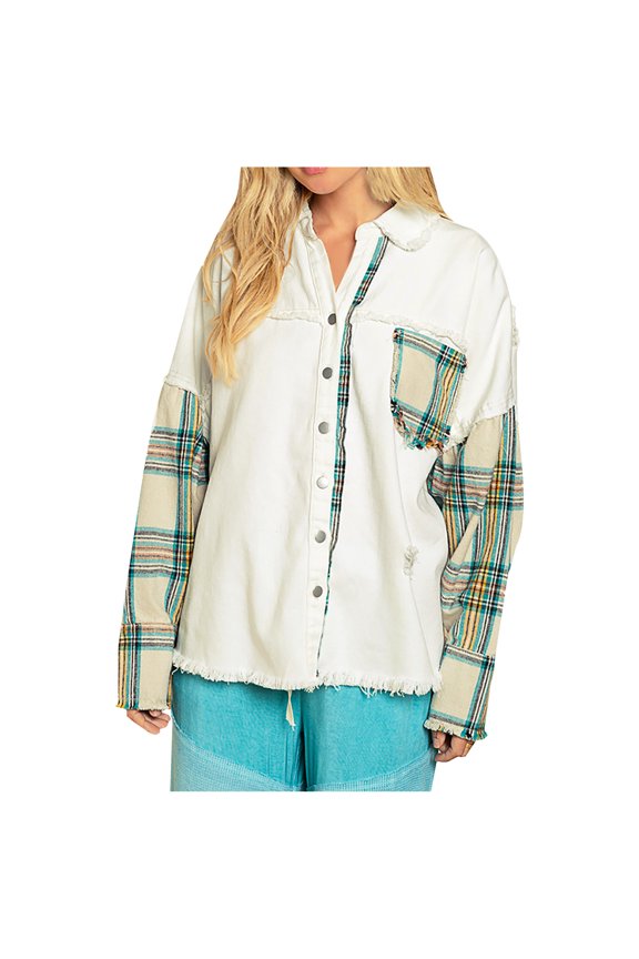 Women's Short Shacket Coat Print Long Sleeve Casual Pockets Tops Jacket Plaid Coat, White
