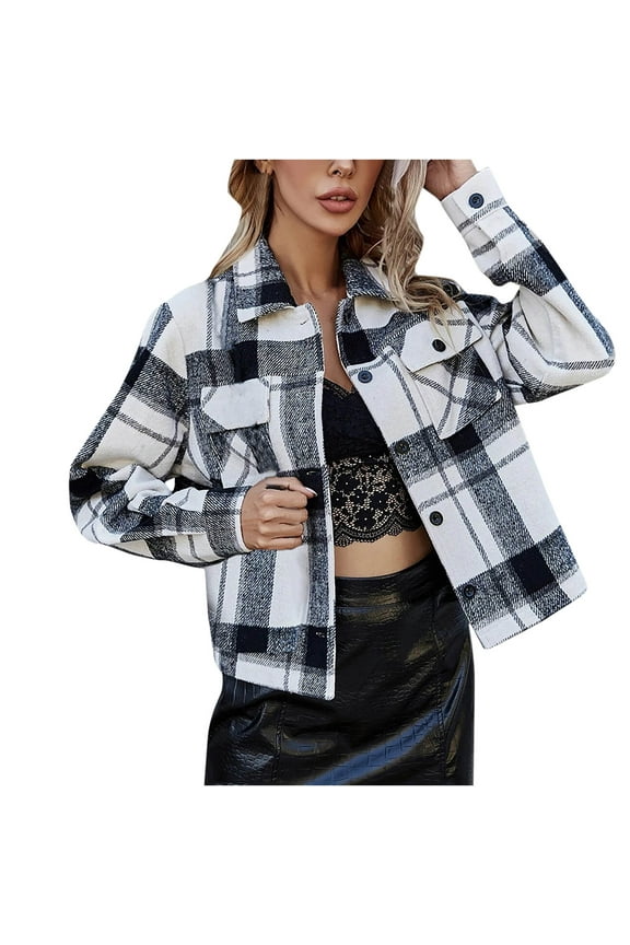Women's Short Shacket Jacket Plaid Long Sleeve Plaid Single Breasted Plaid Coat Short Coat Hoodless Casual Outwear, Black