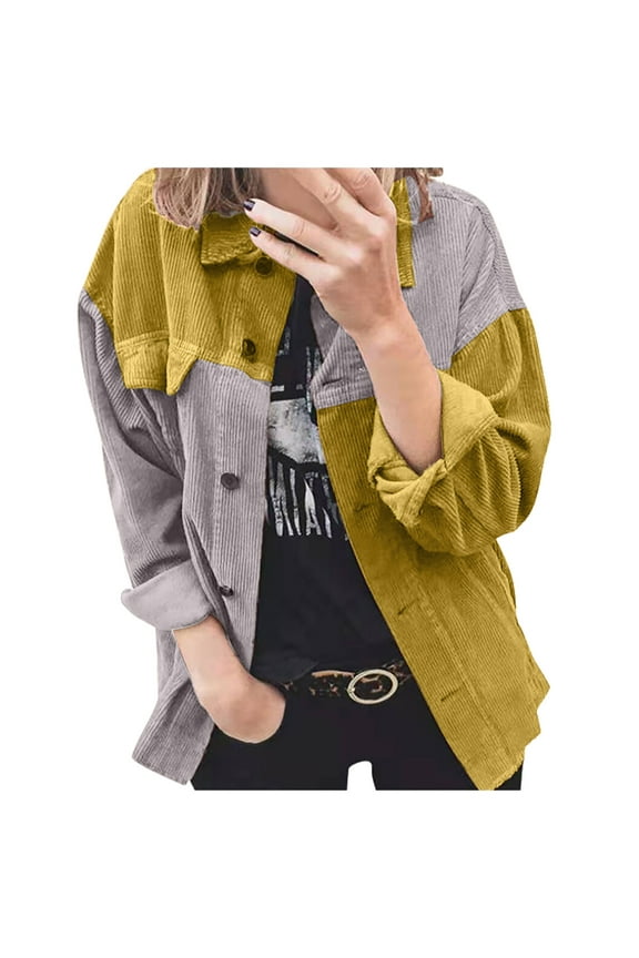 Women's Short Shacket Jacket Stripes Long Sleeve Casual Stripe Patchwork Long Cardigan Tops Coat, Yellow