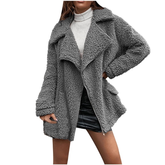 IROINNID Women's Short Shearing Coat Notch Lapel Solid Color Long Sleeve Warm Coat Jacket Winter Outerwear, Gray