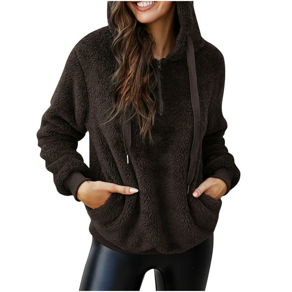 IROINNID Women's Short Shearing Jacket Solid Color Long Sleeve Zipper Sweatshirt Plush Sweater Pocket Jacket, Brown