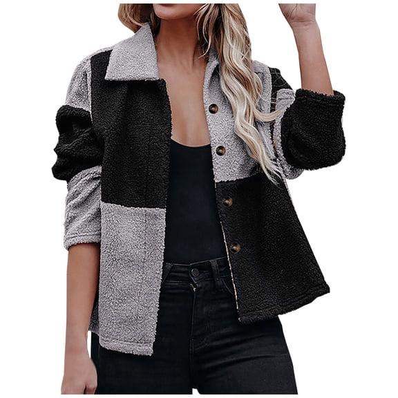 IROINNID Women's Short Shearling Jacket Turndown Lapel Contrast Color Long Sleeve Casual Warm Coat Jacket Winter Button Patchwork Outerwear, Black