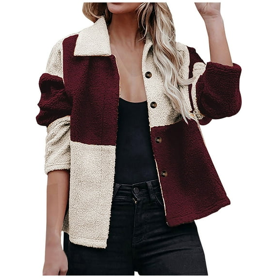 IROINNID Women's Short Shearling Jacket Turndown Lapel Contrast Color Long Sleeve Casual Warm Coat Jacket Winter Button Patchwork Outerwear, Wine
