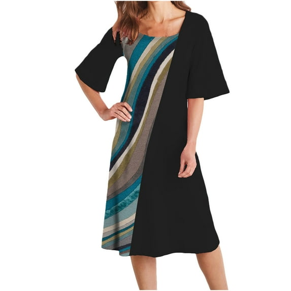 IROINNID Women's Short Sleeve Prints Sundress Fashion Diamond Loose Casual Dresses Round Neckline Below The Knee Dress