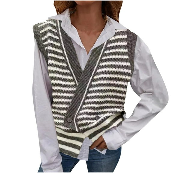 IROINNID Women's Short Vest V-Neck Stripes Sleeveless Casual Loose Striped Contrasting Thickened Sweater Knitwear, Gray