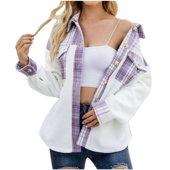 IROINNID Women's Short Woolen Jacket Print Long Sleeve Winter Plaid Buttons Patchwork Coat, Purple