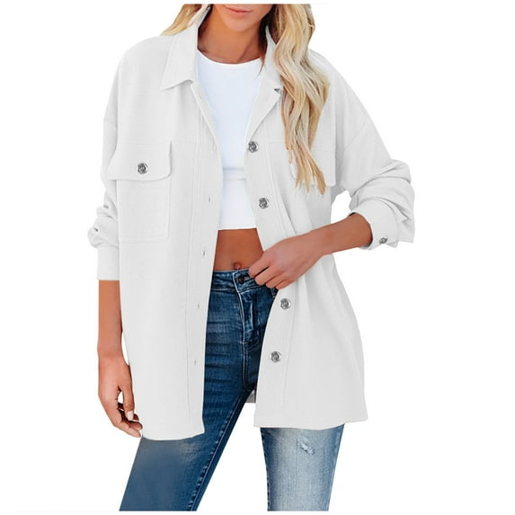 IROINNID Women's Short Woolen Jacket Solid Color Long Sleeve Casual Pockets Casual Coat Cardigan, White