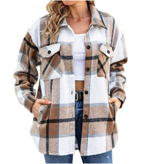 IROINNID Women's Short Woolen Jacket Turndown Lapel Plaid Long Sleeve Leisure Casual Pockets Tops Jacket Plaid Coat, Khaki