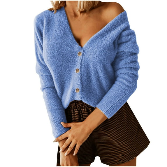 IROINNID Women's Short Woolen Jacket V-Neck Solid Color Long Sleeve Winter Casual Coat Cardigan, Blue