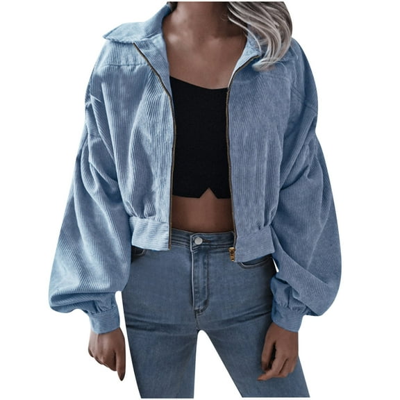 IROINNID Women's Short Zip Up Jacket Turndown Lapel Stylish Solid Color Long Sleeve Winter Zipper Coat Cardigan, Light blue