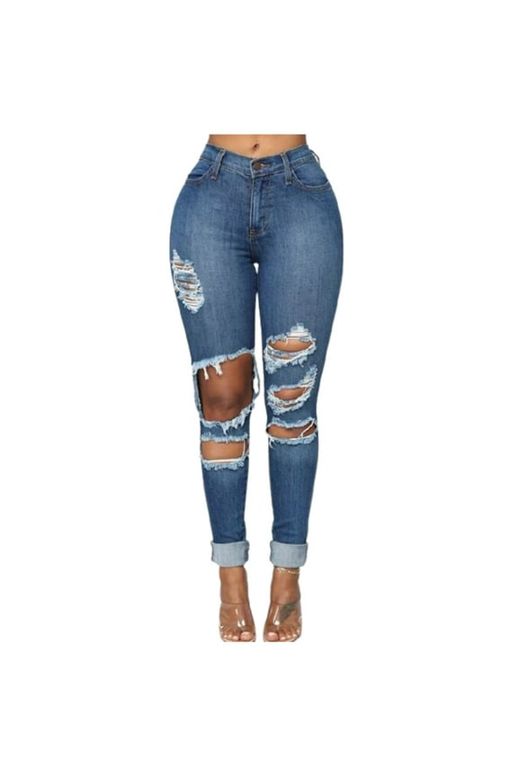 Women's Skinny Solid Color Denim Pocket Hole Casual Zipper Fringe Pants Jean