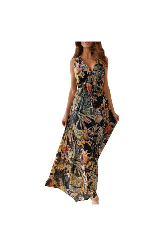 Women's Sleeveless A-Line Dress Full-Length Fashion Bohemian Loose Ankle-Length Dress Printed V-Neck Dress