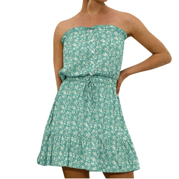 IROINNID Women's Sleeveless A-Line Dress Off-The-Shoulder Summer Casual Dress Button Dress Strapless Print Dress