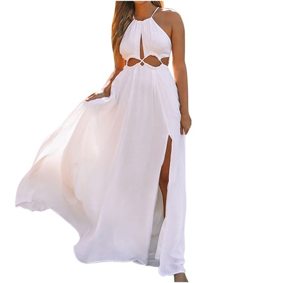 IROINNID Women's Sleeveless A-Line Dress Round Neckline Backless Beach Temperament Dress Regular Solid Color Dress