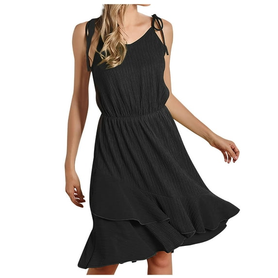 IROINNID Women's Sleeveless A-Line Dress Round Neckline Fashion Irregular Knee-length Dress Sling Pure Color Lace-up Dress Solid Color Dress