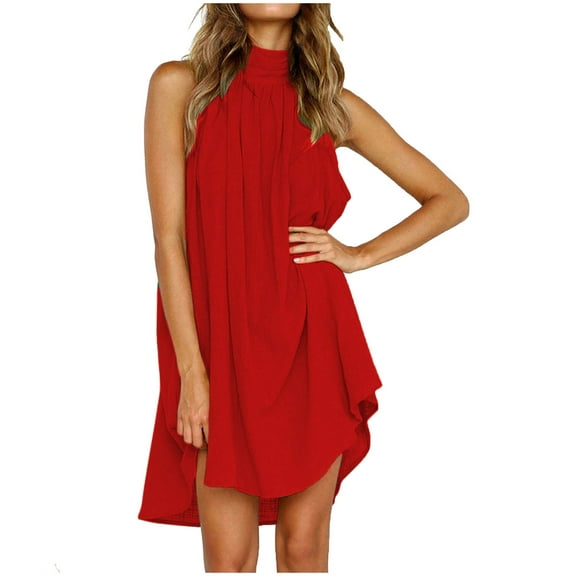 IROINNID Women's Sleeveless Asymmetrical Dress Round Neckline Loose Ladies Irregular Dress Strapless Solid Color Dress