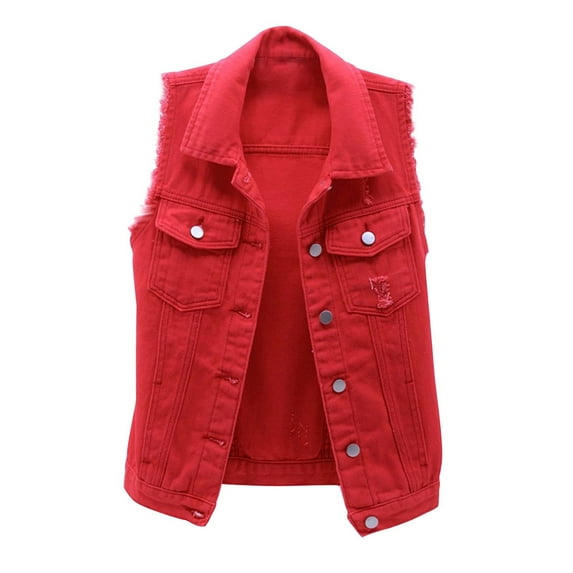 IROINNID Women's Sleeveless Denim Jacket Turndown Lapel Cover-up Spring And Autumn Coats Solid Denim Jacket Outerwear, Red