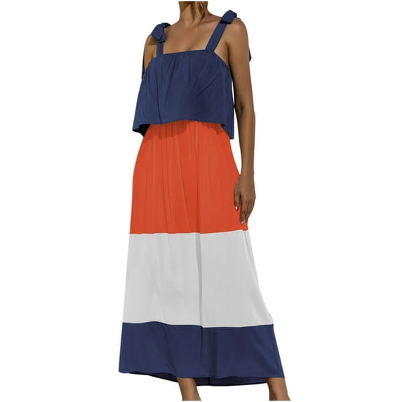 IROINNID Women's Sleeveless Empire Dress Summer Casual Beach Color Matching Dress Square Neck Ankle-Length Women Dress