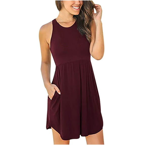IROINNID Women's Sleeveless Fit&Flare Dress Round Neckline Casual Pockets Ladies Slim Mini Dress Regular Dress