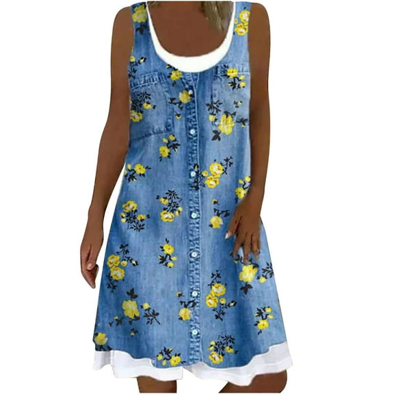 IROINNID Women's Sleeveless Fit&Flare Dress Round Neckline Casual Floral Fake Two-Piece Dress Regular Print Dress