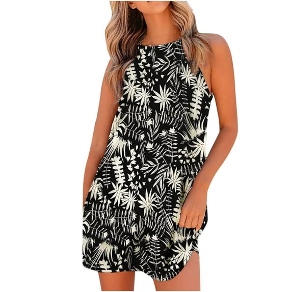 IROINNID Women's Sleeveless Fit&Flare Dress Round Neckline Halter Neck Ladies Mini Ladies Vest Dress Strapless Print Dress