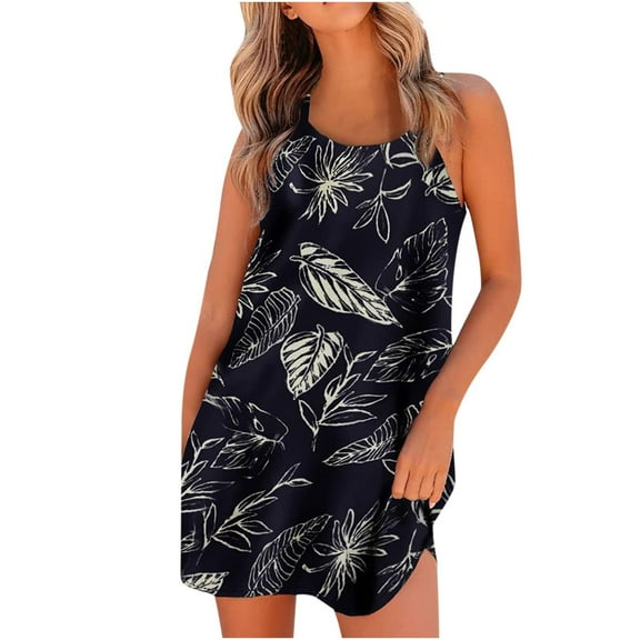 IROINNID Women's Sleeveless Fit&Flare Dress Round Neckline Halter Neck Ladies Mini Ladies Vest Dress Strapless Print Dress