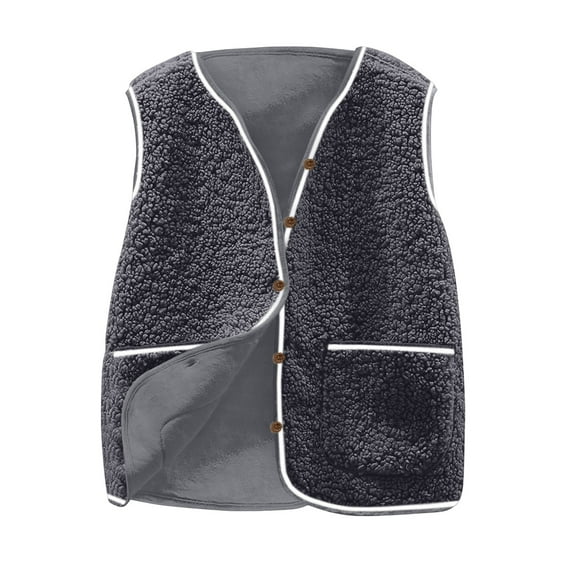 IROINNID Women's Sleeveless Fleece Tops Winter Warm Button Down Solid Color Pocket Short Jacket Outerwear Cozy Casual Fashion Tops(Gray,5XL)