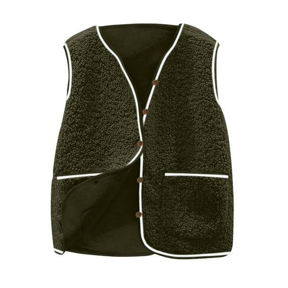 IROINNID Women's Sleeveless Fleece Tops Winter Warm Button Down Solid Color Pocket Short Jacket Outerwear Cozy Casual Fashion Tops(Green,3XL)