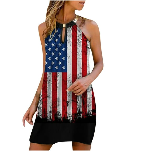 IROINNID Women's Sleeveless Halter Dress Round Neckline Summer Casual Metal Hanging Neck Dress Strapless Print Dress