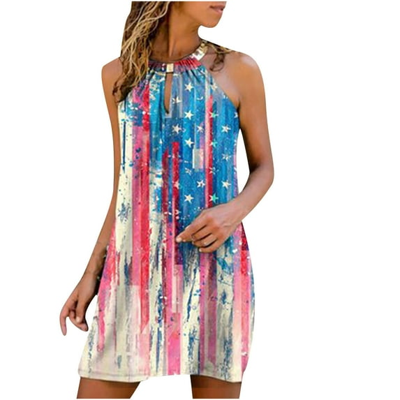 IROINNID Women's Sleeveless Halter Dress Round Neckline Summer Casual Metal Hanging Neck Dress Strapless Print Dress