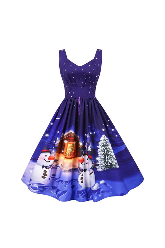 Women's Sleeveless Prints A-Line Dress Christmas Draw Back Swing Party Dress V-Neck Knee-Length Dress
