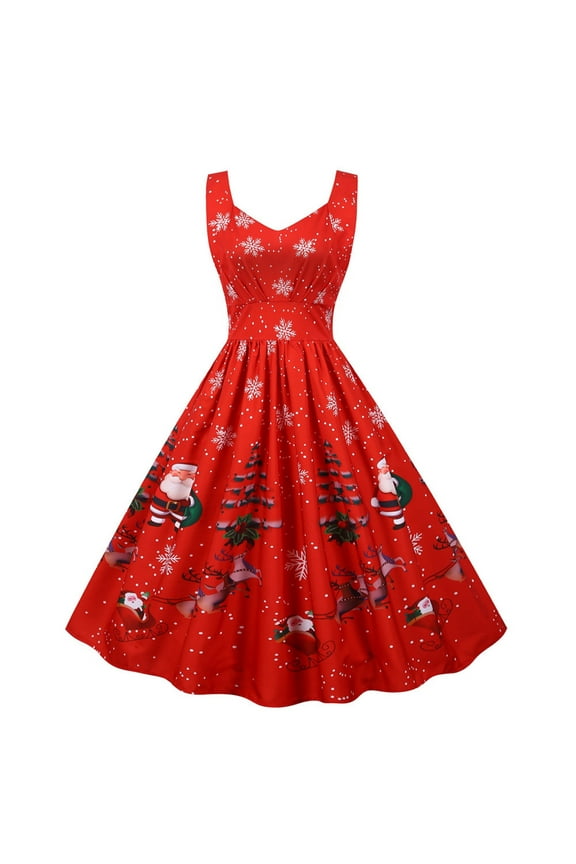 Women's Sleeveless Prints A-Line Dress Elegant Christmas Draw Back Swing Party Dress V-Neck Knee-Length Dress